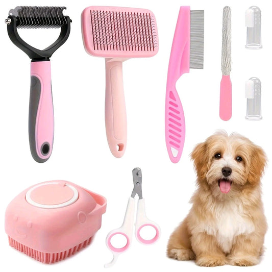 8-Piece pet Grooming Kit – Self-Cleaning Brushes, Nail Clippers, Flea Comb & More