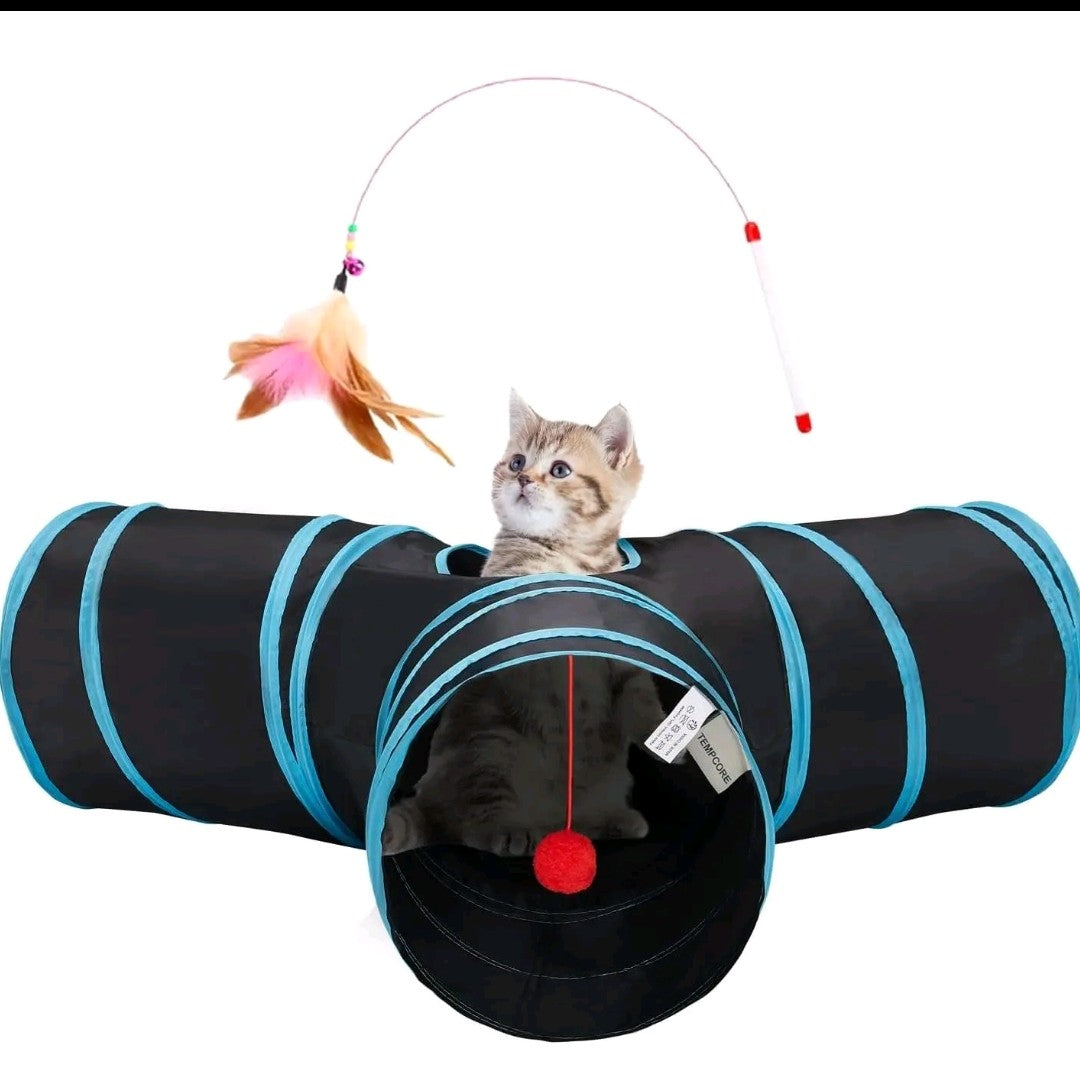 Tempcore 3-Way Collapsible Cat Tunnel – Interactive Peek Hole & Toy Ball for Indoor Cats, Kittens, Puppies & Rabbits