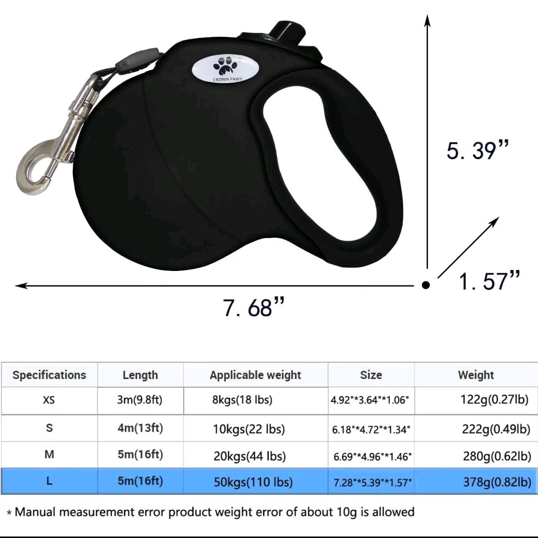16ft Retractable Dog Leash for Large Dogs up to 110 lbs – Tangle-Free Nylon Tape, Heavy-Duty Black Leash with Hand Tool Kit