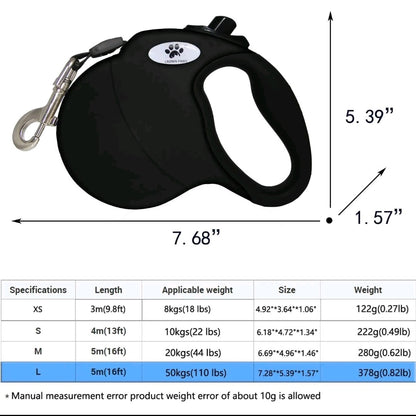 16ft Retractable Dog Leash for Large Dogs up to 110 lbs – Tangle-Free Nylon Tape, Heavy-Duty Black Leash with Hand Tool Kit
