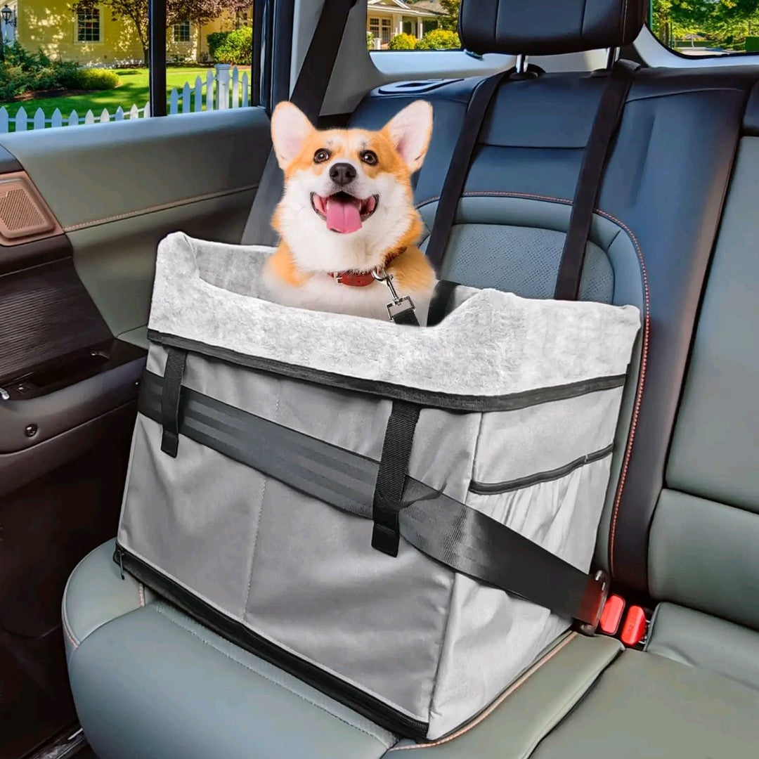 Dog Car Seat for Small Dogs – Portable Booster with Storage Pockets & Safety Belt, Comfortable Travel Bed for Pets up to 25 lbs (Gray)