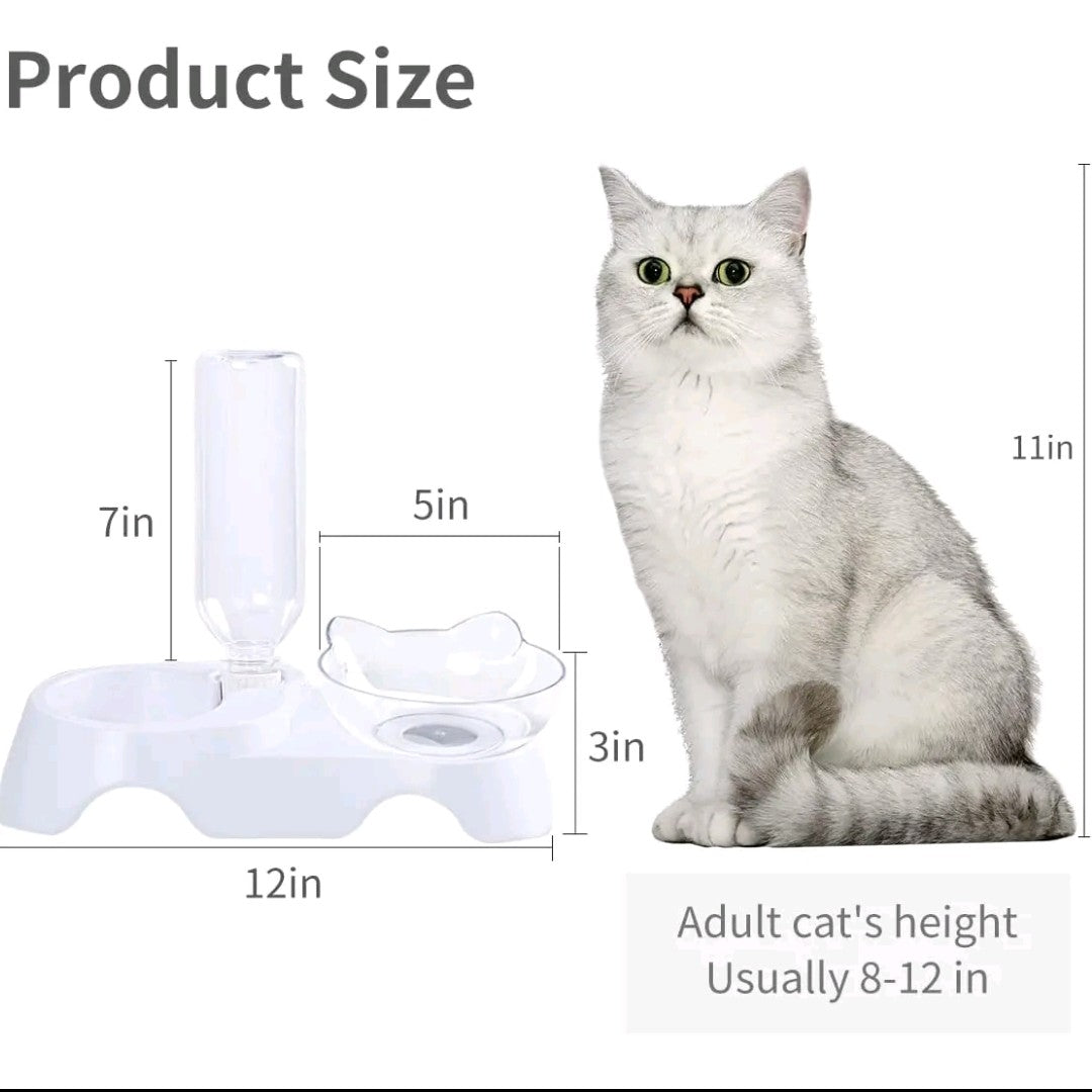 2-in-1 Double Dog & Cat Bowls – 15° Tilted Food & Water Bowl Set with Automatic Water Dispenser for Small & Medium Pets