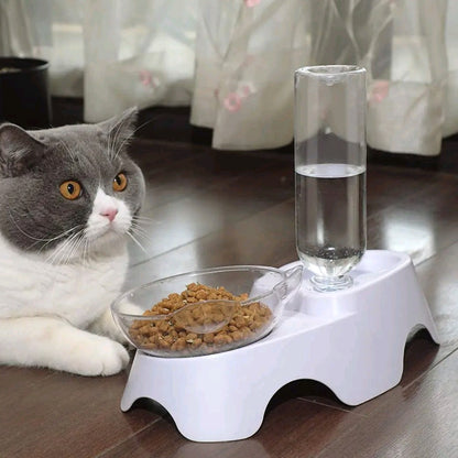 2-in-1 Double Dog & Cat Bowls – 15° Tilted Food & Water Bowl Set with Automatic Water Dispenser for Small & Medium Pets