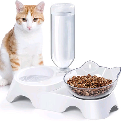2-in-1 Double Dog & Cat Bowls – 15° Tilted Food & Water Bowl Set with Automatic Water Dispenser for Small & Medium Pets