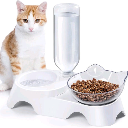 2-in-1 Double Dog & Cat Bowls – 15° Tilted Food & Water Bowl Set with Automatic Water Dispenser for Small & Medium Pets