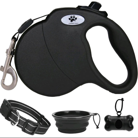 16ft Retractable Dog Leash for Large Dogs up to 110 lbs – Tangle-Free Nylon Tape, Heavy-Duty Black Leash with Hand Tool Kit