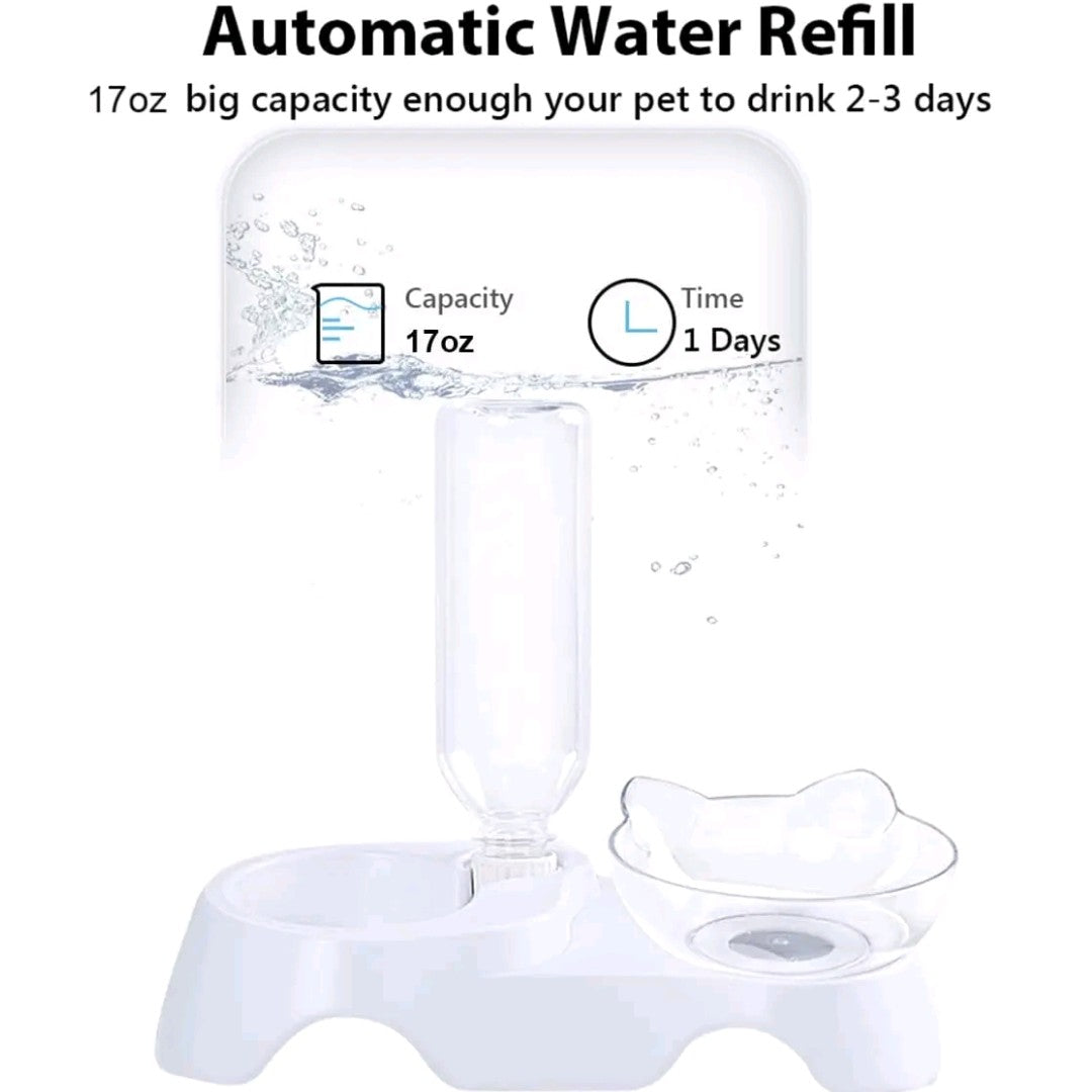 2-in-1 Double Dog & Cat Bowls – 15° Tilted Food & Water Bowl Set with Automatic Water Dispenser for Small & Medium Pets