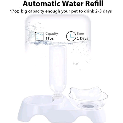 2-in-1 Double Dog & Cat Bowls – 15° Tilted Food & Water Bowl Set with Automatic Water Dispenser for Small & Medium Pets