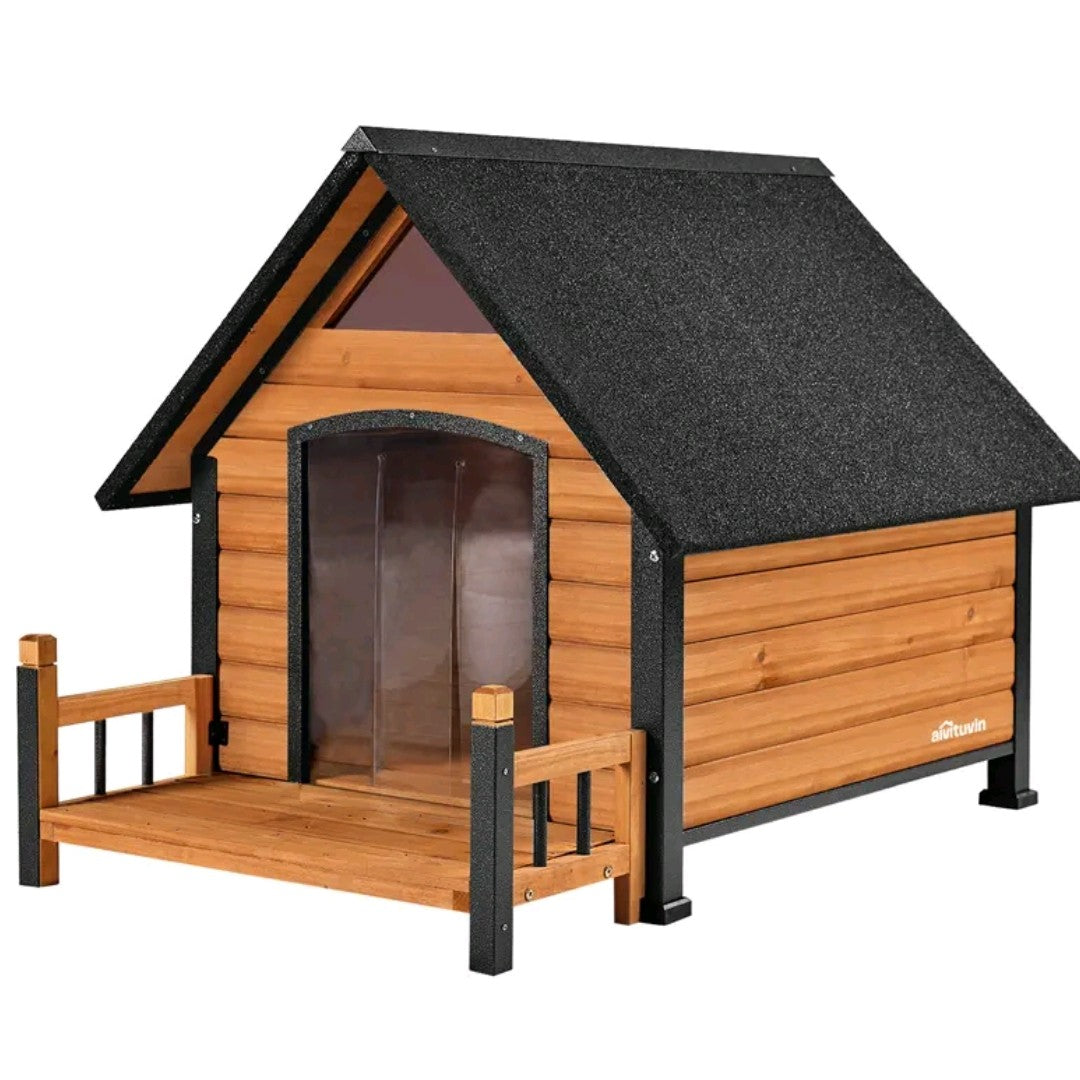 Aivituvin AIR80/AIR81 Outdoor Dog House with Porch – Weatherproof Wooden Kennel with Strong Iron Frame & Elevated Design