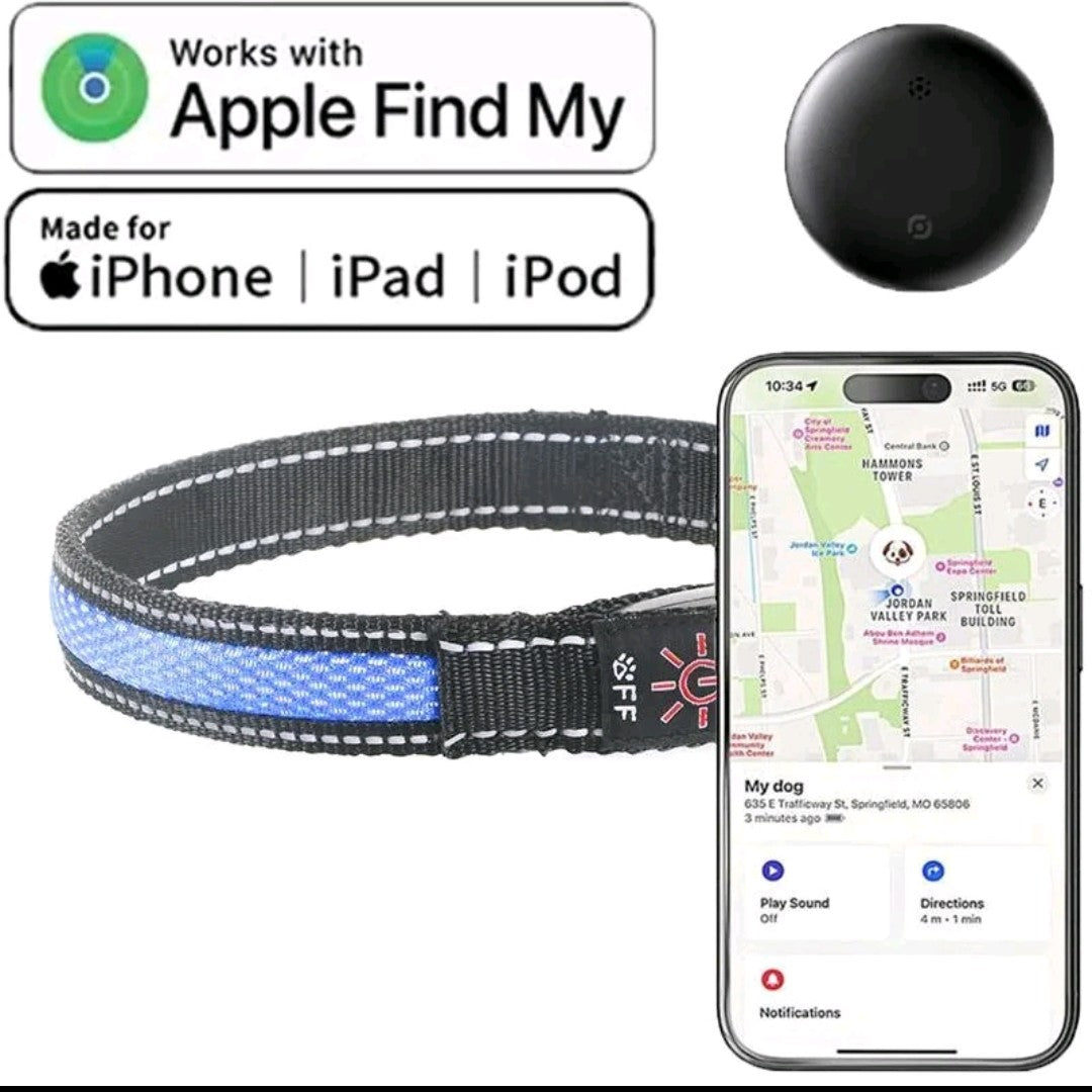 Rechargeable LED AirTag Dog Collar – Smart GPS Tracker for Apple Find My, Built-in QR Tag & Light-Up Design