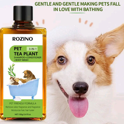 【Buy 2, Get a Premium Brush Comb Free】ROZINO 3-in-1 Tea Plant Pet Shampoo, Conditioner & Body Wash – Gentle Deodorizing Formula for Dogs, Cats & Horses (200g)