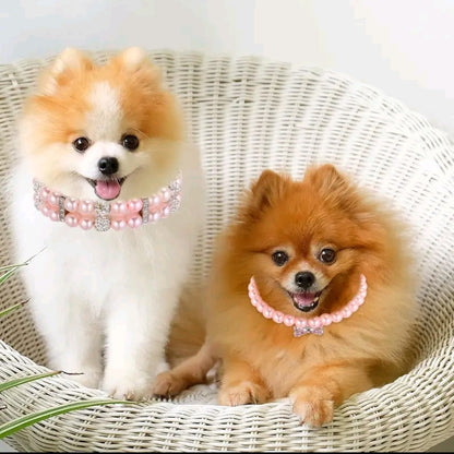 2-Pack Small Dog & Cat Pearl Collar and Necklace Set – Cute PU Leather Pet Collars with Crystal Rhinestones for Puppy, Kitten, Birthday, Wedding & Party
