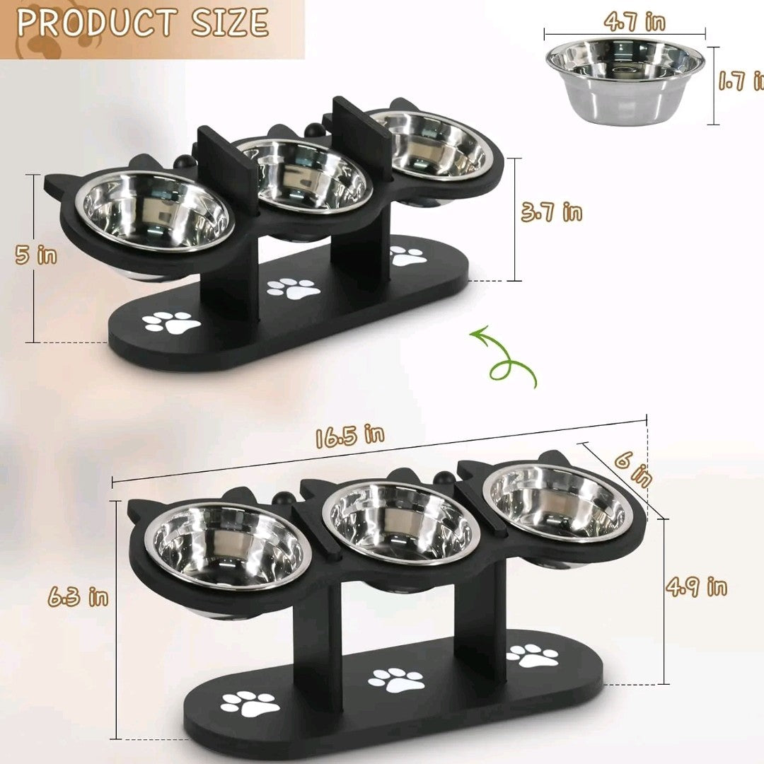 Adjustable Raised Cat Food Bowls – 3 Stainless Steel Elevated Bowls with 15° Black Stand for Indoor Cats