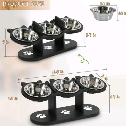 Adjustable Raised Cat Food Bowls – 3 Stainless Steel Elevated Bowls with 15° Black Stand for Indoor Cats