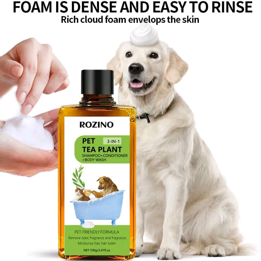 【Buy 2, Get a Premium Brush Comb Free】ROZINO 3-in-1 Tea Plant Pet Shampoo, Conditioner & Body Wash – Gentle Deodorizing Formula for Dogs, Cats & Horses (200g)