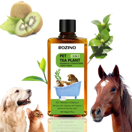 【Buy 2, Get a Premium Brush Comb Free】ROZINO 3-in-1 Tea Plant Pet Shampoo, Conditioner & Body Wash – Gentle Deodorizing Formula for Dogs, Cats & Horses (200g)