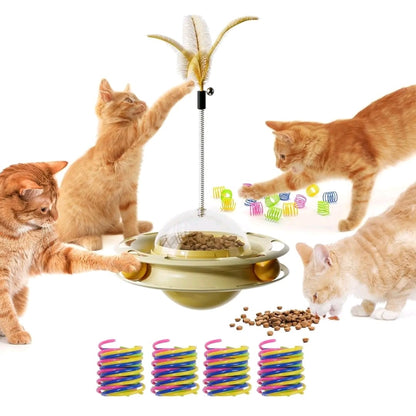 4-in-1 Interactive Cat Toy Set – Fluttering Butterfly, Track Ball Tower, 16 Colorful Springs & Slow Feeder Dispenser for Indoor Kittens