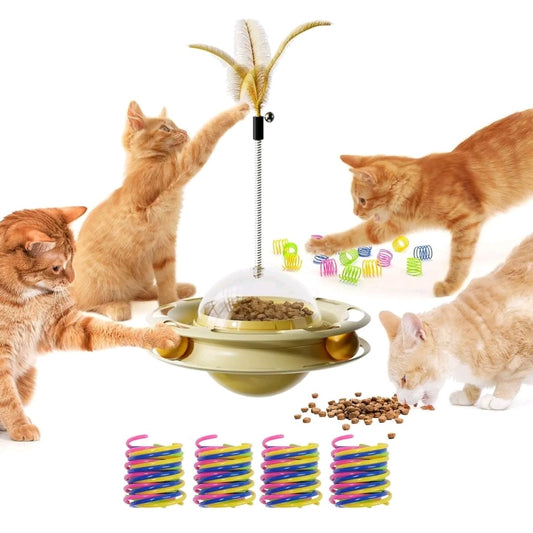 4-in-1 Interactive Cat Toy Set – Fluttering Butterfly, Track Ball Tower, 16 Colorful Springs & Slow Feeder Dispenser for Indoor Kittens